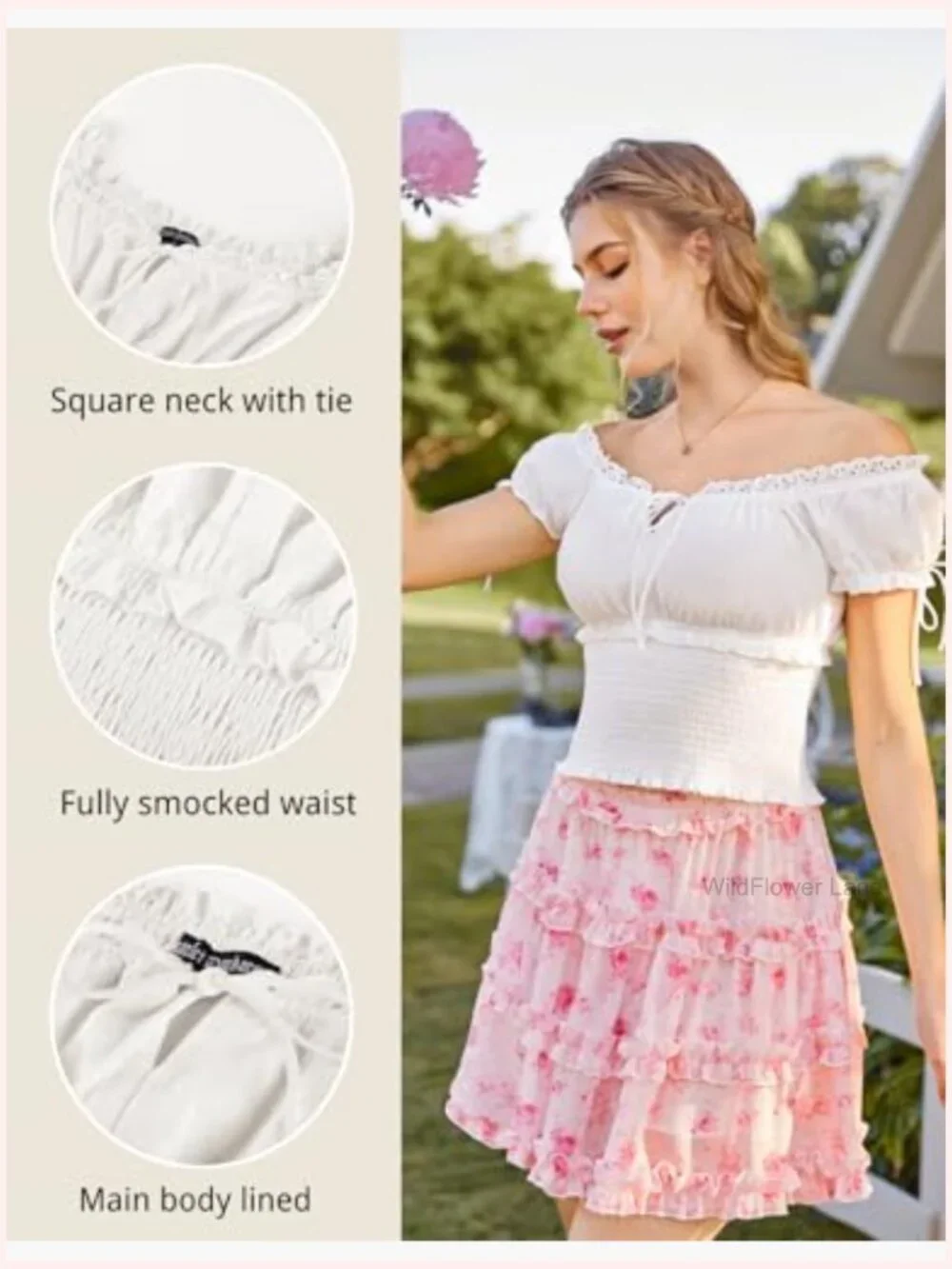 Square Neck Smocked Waist Peasant Blouse Short Sleeve - Picture 3 of 7